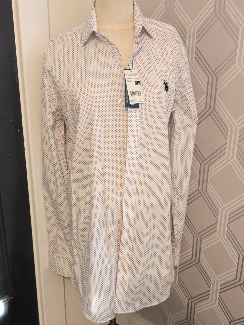 U.S. Polo Assn. White Dress Shirt with Navy Micro-Dot and Navy Logo